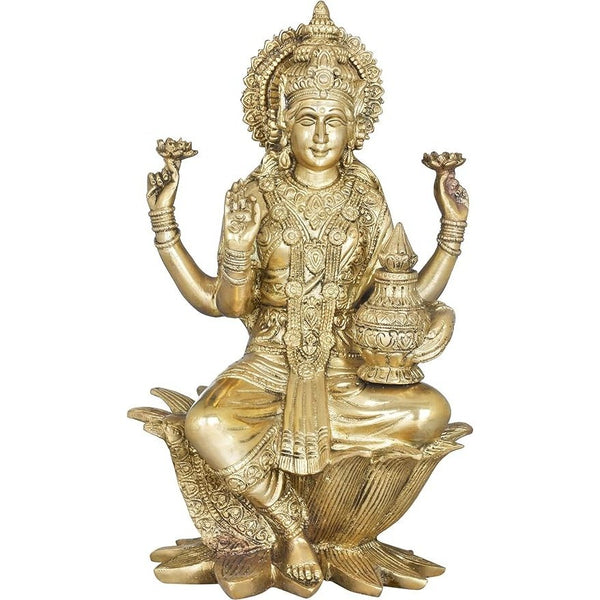 Goddess Maa Lakshmi Idol Brass Statue Sitting in Lotus Lakshmi MATA Ma Luxmi for Temple Puja Tijori Home Decor Mandir Murti Office Temple Gift Item Showpiece 12 Inches Mandir Setting