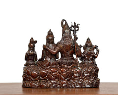 Brass Shiv Parivar statue, rear view with trident, four figures on carved base