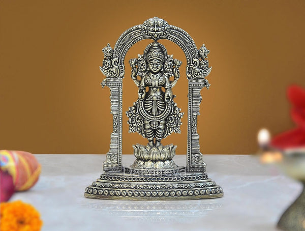 Superfine Brass Lakshmi Standing on Lotus Laxmi Statue Figurine Home Temple Pooja (Height: 4.5 Inch)