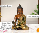 Brass Buddha statue with multicolor finish, seated; 8 inch height, 6 inch width
