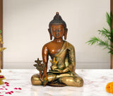 Brass Buddha statue, seated with Varada mudra, multicolor finish, 8 inch