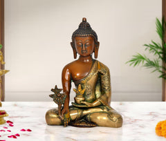 Brass Buddha statue, seated with Varada mudra, multicolor finish, 8 inch
