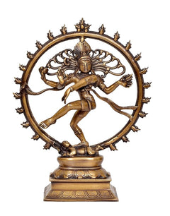 Brass Lord Shiva Nataraj statue on pedestal within ornate spoked ring