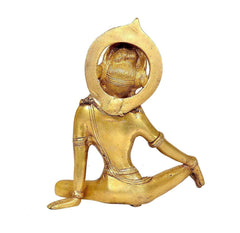 Indra seated brass statue back view, detailed shoulders and halo, gold tone