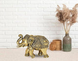 Brass elephant decor figurine with detailed engravings, raised trunk, for table