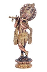 Brass Lord Krishna statue, full front view, flute raised, detailed crown