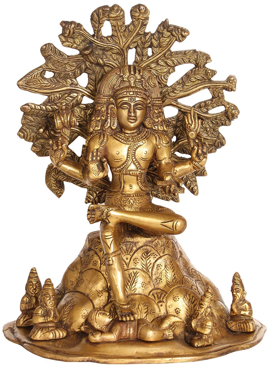 Brass Shiva statue, seated on lotus with ornate halo and small seated figures