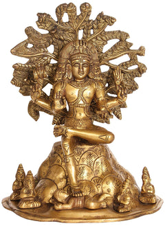 Brass Shiva statue, seated on lotus with ornate halo and small seated figures