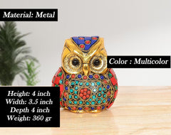 Metal Owl Dekofigur in Multicolor, goldfarbener Körper mit bunten Perlen und Muster