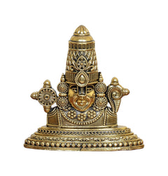 Tirupati Bala Ji brass face showpiece, top dome crown and beaded jewelry detail
