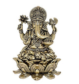 Detailed Lord Ganesha brass statue with raised arms and beaded jewelry, lotus base