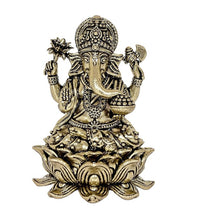 Detailed Lord Ganesha brass statue with raised arms and beaded jewelry, lotus base
