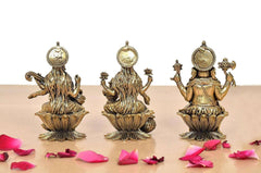 Back view: brass Lakshmi, Saraswati and Ganesha idols on lotus bases with halos.