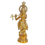 Brass Krishna murti, 28 in, holding flute; ornate crown and jewelry