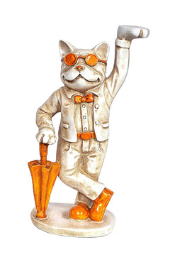 Lucky Cat Dekofigur aus Polyresin, gold-weiß mit orange Schirm, 10 Zoll