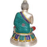 Messing-Buddha-Statue von hinten, türkis-rot gewand, sitzend mit rundem Sockel