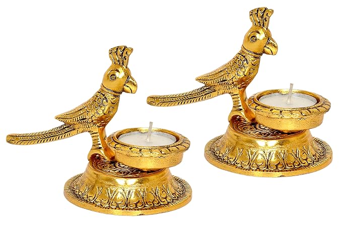 Metal Parrot Lamp Pair Statue (Set of 2) Diya Animal & Bird Diya Figure Home Decor Height- 4 Inches