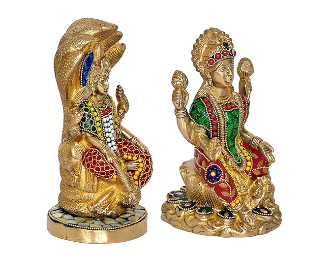 Brass Lord Sitting Vishnu Lakshmi On Shesh Naag Idol Figurine Showpiece Multicolour Height 8" Inches (Set of 2)