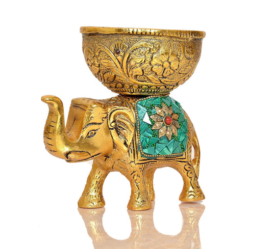 Metal Elephant Dry Fruit Bowl Showpiece Gold Polish for Home Decor Room Table & Gift Diwali,Raksha Bandhan Pack of 1 (Height 5 Inch) (Multicolor Green Stone)