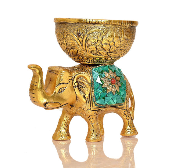 Metal Elephant Dry Fruit Bowl Showpiece Gold Polish for Home Decor Room Table & Gift Diwali,Raksha Bandhan Pack of 1 (Height 5 Inch) (Multicolor Green Stone)