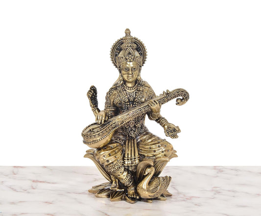 Bronze Maa Saraswati Idol Sitting on Lotus (Height:10 Inch)