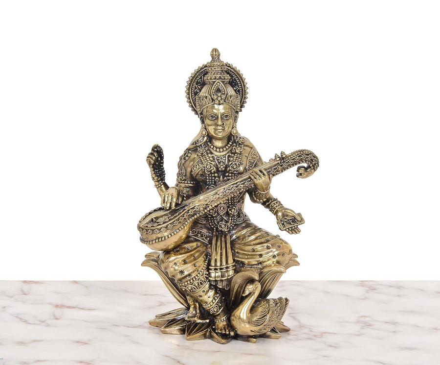 Superfine Brass Maa Saraswati Idol Sitting on Lotus (Height:10 Inch) Craft Detail