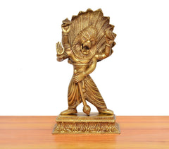 Brass Narasimha statue, full figure facing forward on ornate square base, lion expression