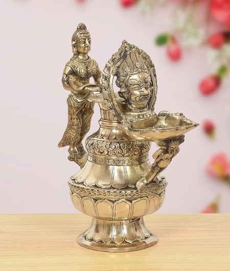 Brass Oil Lamp Sukunda Nepalese Cast Ceremonial Oil Lamp (Height 10.5 Inch)