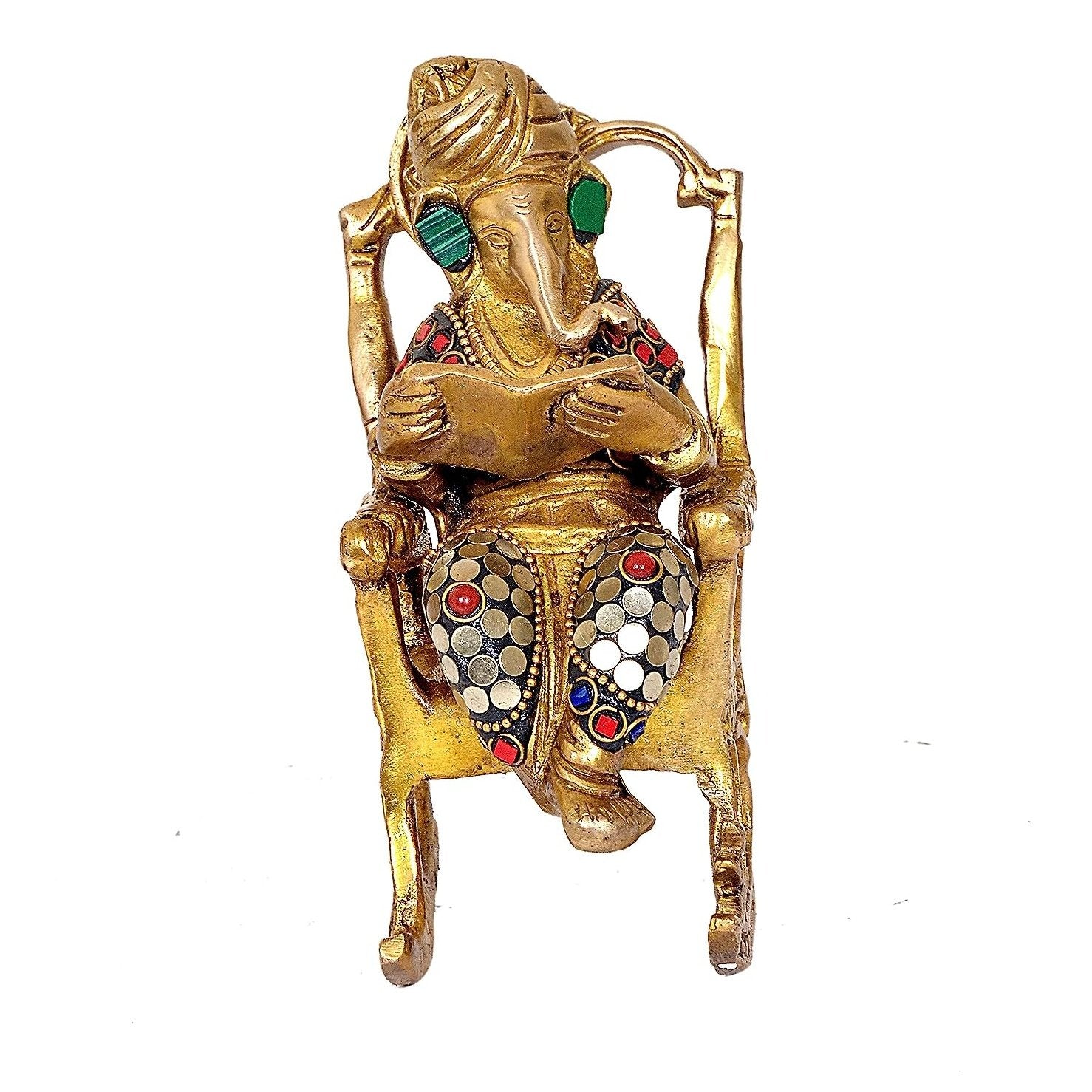 Brass Ganesha Statue Book Reading Turbaned Ganesh Sitting on Chair Sculpture, Height 7 inches