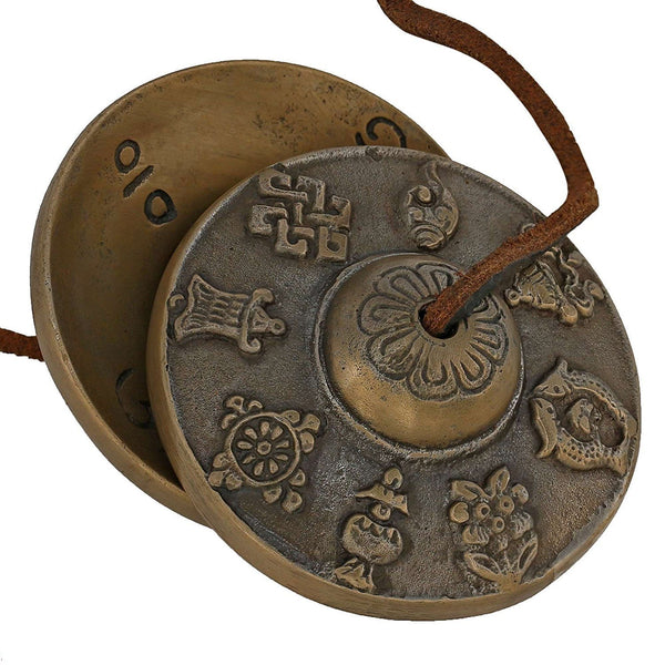Antique-Finish Tibetan Brass Manjira Hand Cymbals with Leather Cords (Height: 3 Inches) Study Setting