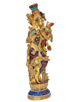Brass Lord Krishna sculpture holding flute, side view, jeweled blue-red-gold ornaments