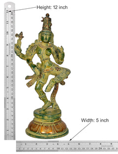 Brass Ardhanrishvara statue, 12 in height, measures shown, green-gold dance figure