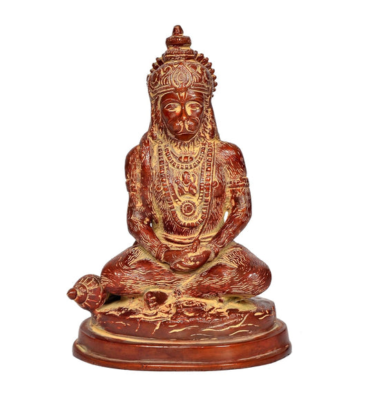 Brass Meditating God Hanuman with Ramayan Idol Sculpture Statue (Height: 7.5 Inch)