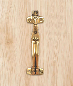 Gold brass horse head door handle close-up with engraved details and screw heads