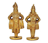Brass Vitthal & Rukmini idols pair, front view, detailed crowns and draped garments