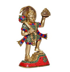 Brass Hanuman JI idol statue close view, red base and teal green jeweled pattern
