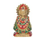 Brass Khatu Shyam idol (6 inch) front view, red crown with gold face and green dress