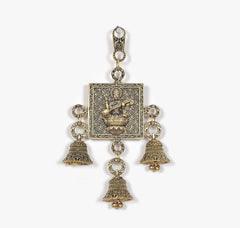 Front view of brass Saraswati wall hanging with square deity panel and three bells
