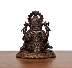 Lord Ganesha murti front view, raised hands, crown details on round base