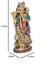 Brass Radha Krishna idol, stone work; side view with height dimension 21.59cm.