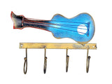 Blue iron guitar key holder with gold bar and five hooks, decorative bottle-opener style