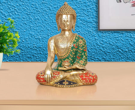 Brass Bhumisparsha Mudra Buddha Statue (Height 13 Inch)