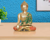 Brass Buddha statue seated, Bhumisparsha mudra, green floral robe