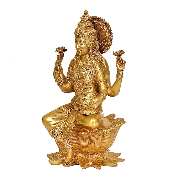 Brasss Lakshmi Statue Idol On Lotus for Temple Diwali | Height : 11.5 Inches