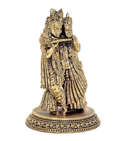 Standing Radha Krishna brass idol statue with detailed garments and ornaments