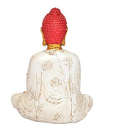 Rückansicht Buddha-Statue im Lotussitz, roter Kopf, weiße Robe mit Ornamenten