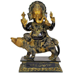 Brass Ganesha figurine seated on rat, gold details, 18.5 in