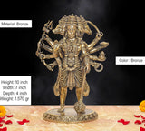 Bronze ten-armed panchmukhi Hanuman figurine with detailed ornaments and round base
