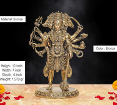 Bronze ten-armed panchmukhi Hanuman figurine with detailed ornaments and round base