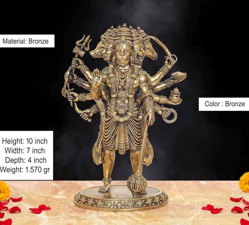 Bronze Standing Panchmukhi Hanuman Figurine Ten Armed (Height :10 Inches)